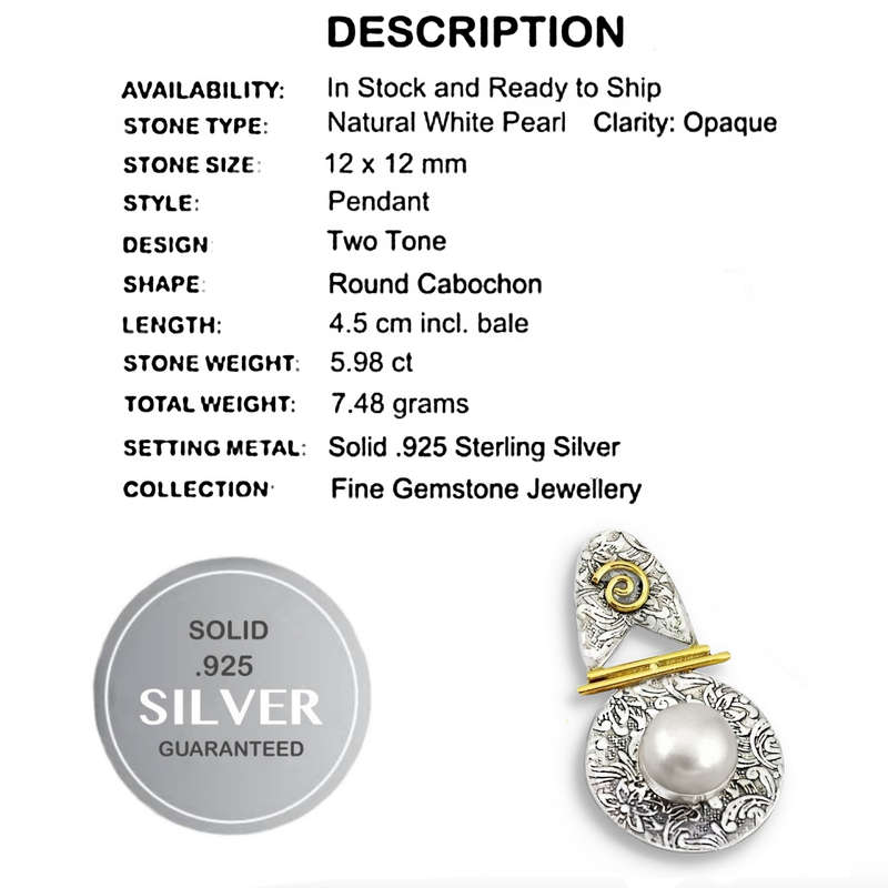 Two Tone Natural White Pearl set in Solid .925 Sterling Silver Antique Style  Pendant