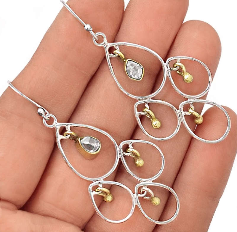 Two Tone Natural Herkimer set in Solid .925 Sterling Silver Exotic Chandelier Earrings