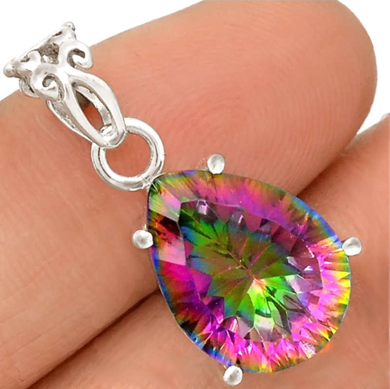 Natural Rainbow Mystic Topaz Pear Shape Gemstone set in Solid .925 Sterling Silver Pendant