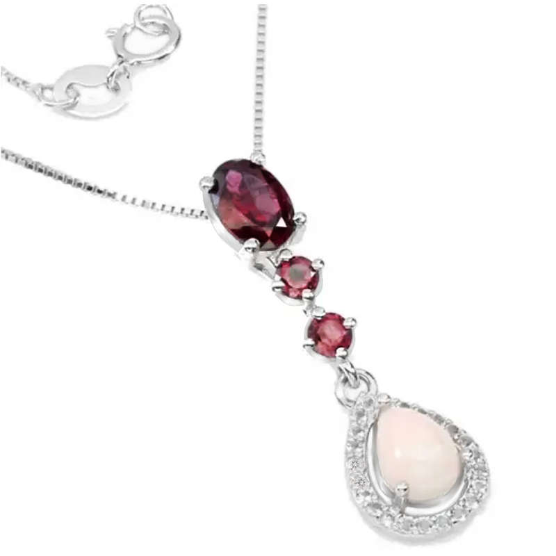 Natural Unheated Pink Opal and Rhodolite Garnet Solid .925 Sterling Silver Necklace