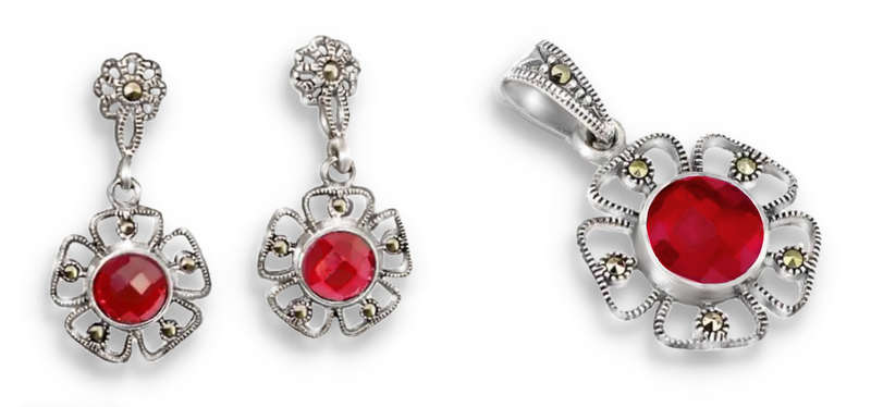 2.57 cts Pink Red Ruby and Marcasite in Solid .925 Sterling Silver Pendant & Earrings Set