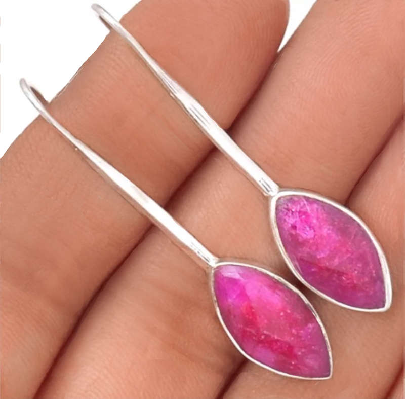 Indian Ruby Marquise Shape Gemstones set in Solid .925 Sterling Silver Extra Long Hook Earrings