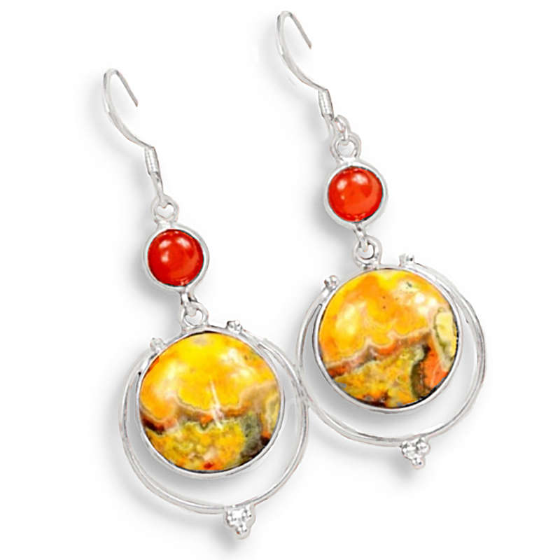 Natural Indonesian Bumble Bee Jasper, Carnelian set in Solid .925 Sterling Silver Earrings