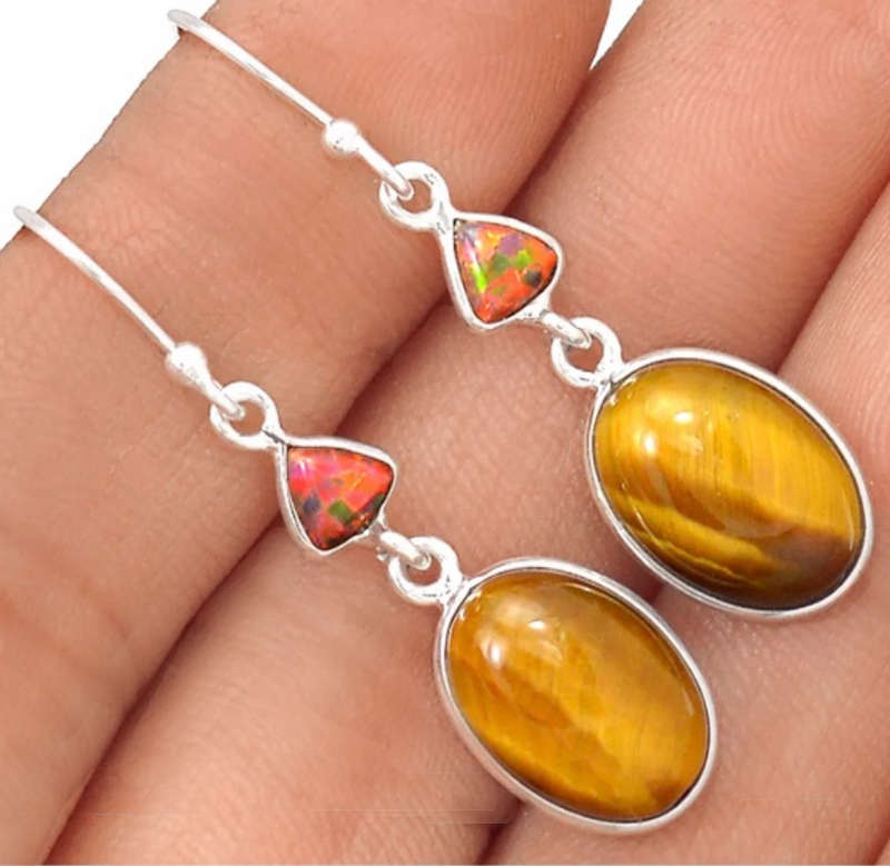 Natural Tigers Eye and Orange Fire Opal Gemstones in  Solid .925 Silver Earrings