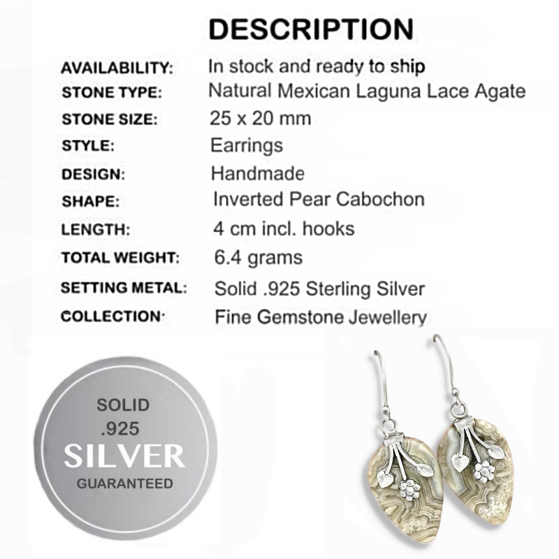 Gorgeous Earth Mined Natural Mexican Laguna Lace Gemstone Solid .925 Silver Earrings