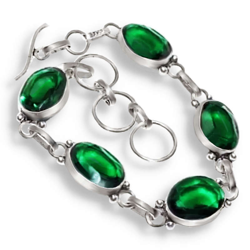 Stunning Emerald Green Quartz Gemstone  in.925 Sterling Silver Plated Handmade Bracelet