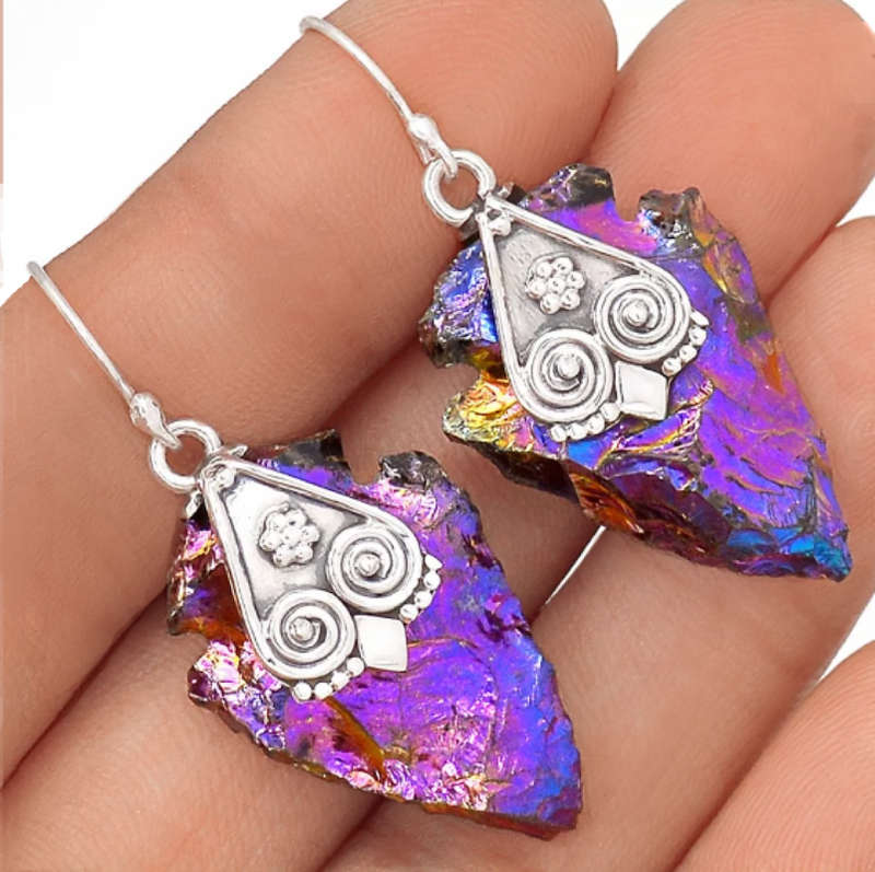 Natural Titanium Aura Quartz Gemstone set in Solid 925 Sterling Silver Earrings
