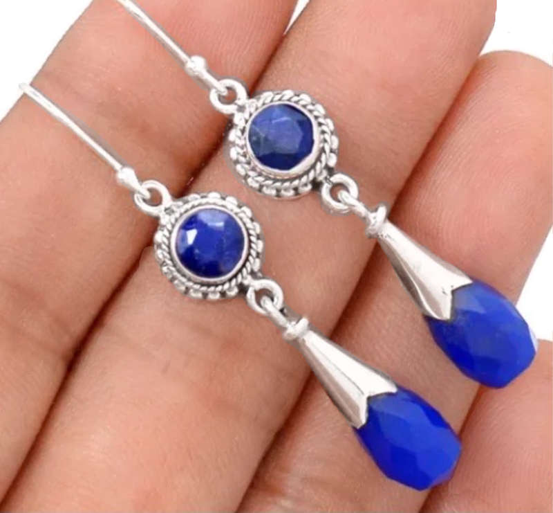 Natural Indian Sapphire Gemstone set in Solid .925 Sterling Silver Dainty Antique Style Earrings