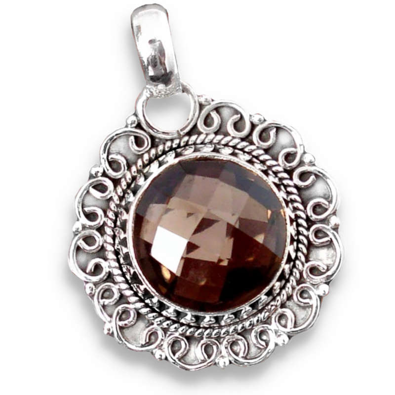 5.32 cts Natural Smokey Topaz Round Gemstone set in Solid 925 Sterling Silver Pendant