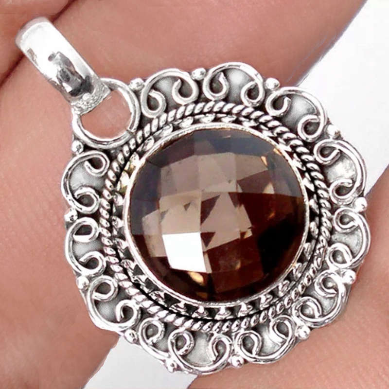 5.32 cts Natural Smokey Topaz Round Gemstone set in Solid 925 Sterling Silver Pendant