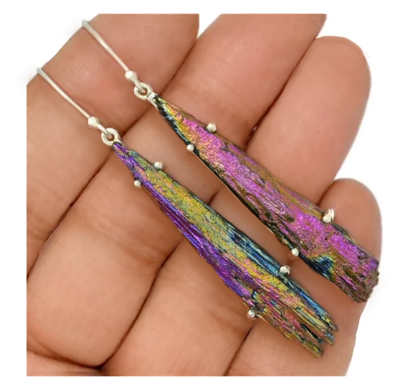 Natural Titanium Aura Kyanite Gemstone Solid .Sterling .925 Silver Earrings