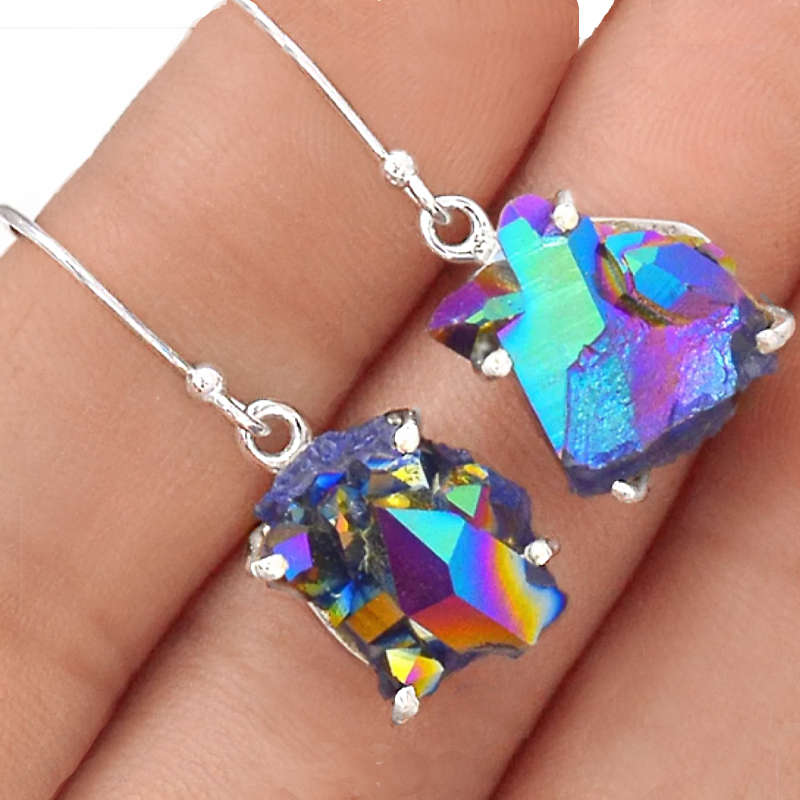 Titanium Aura Quartz Rainbow Mystic Topaz set in Solid 925 Sterling Silver Earrings