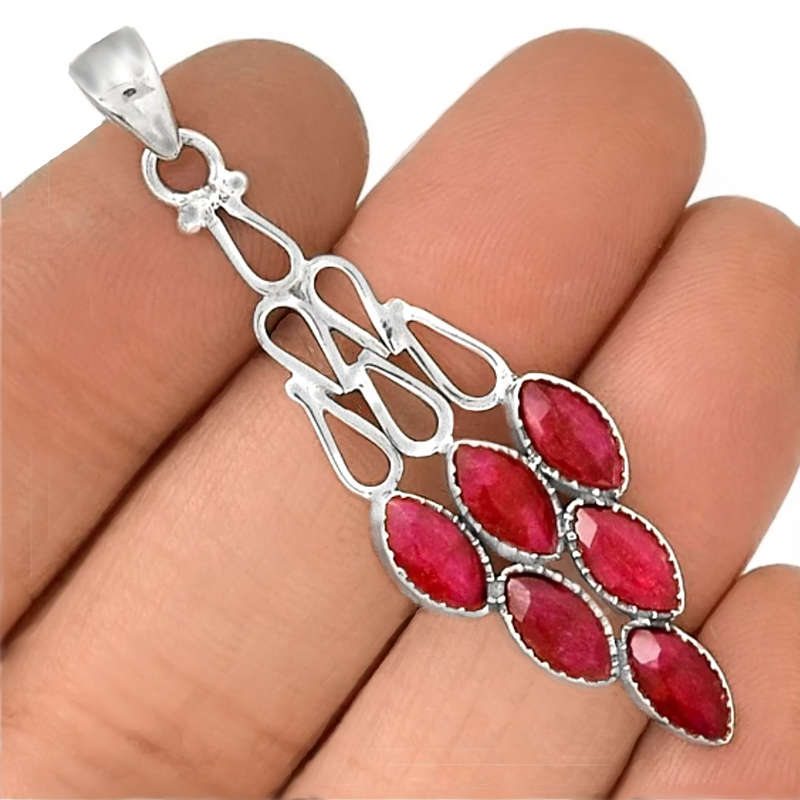Natural Indian Ruby Marquise Shape Gemstones set in Solid .925 Sterling Silver Pendant