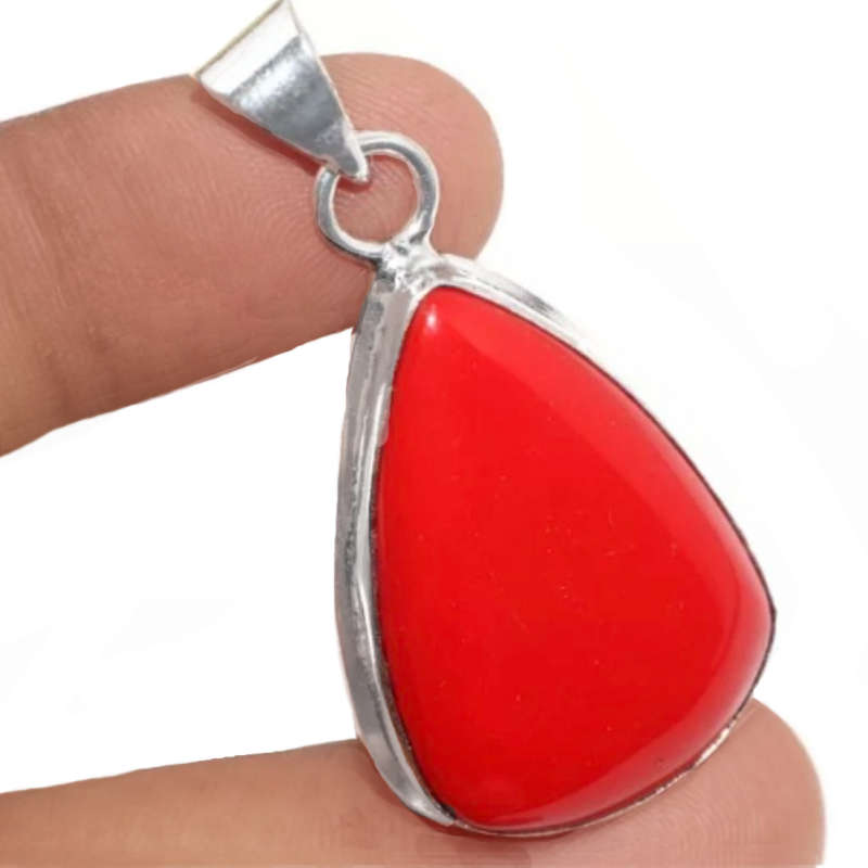 Vibrant Red Coral Pear Shape set in .925 Sterling Silver Plated Handmade Pendant