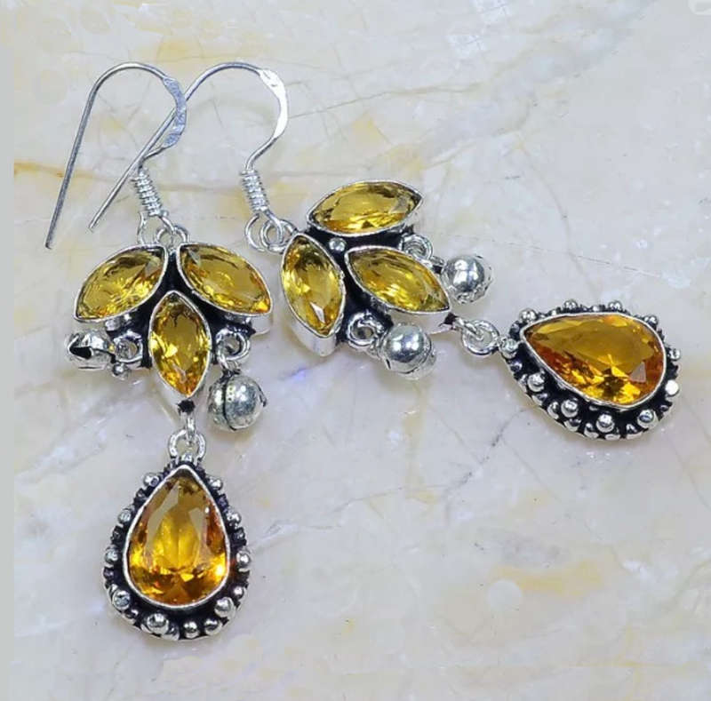Exotic Mixed shapes Citrine Gemstone set in  .925 Sterling Silver Plated Drop Dangle Earrings