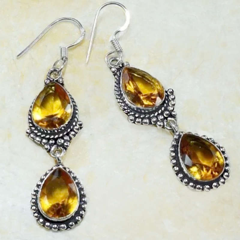Handmade Faceted Citrine Pear Shape Gemstones .925 Sterling Silver Plated Earrings