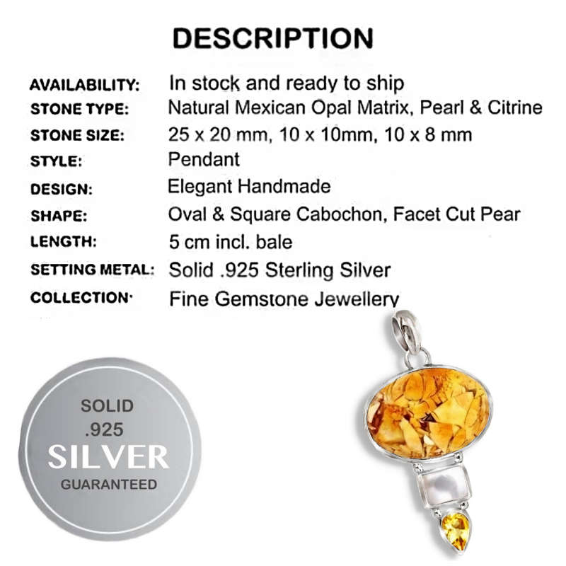 Natural Mexican Opal Matrix and White Pearl set in Solid .925 Sterling Silver Pendant