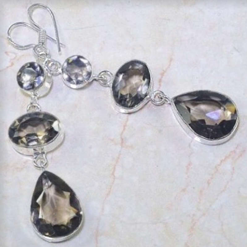 Exquisite Natural Brown Smoky Topaz Gemstone 925 Silver Dangle Earrings