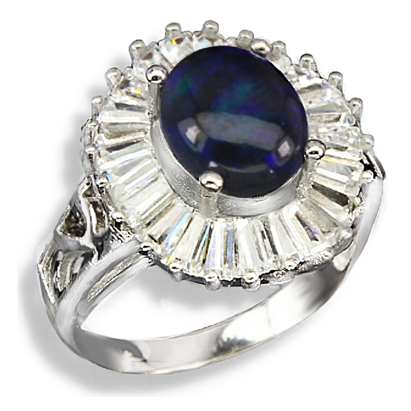 Natural Full Flash Black Fire Opal and White CZ Baguettes in Solid .925 Sterling Silver Ring Sz 8/Q