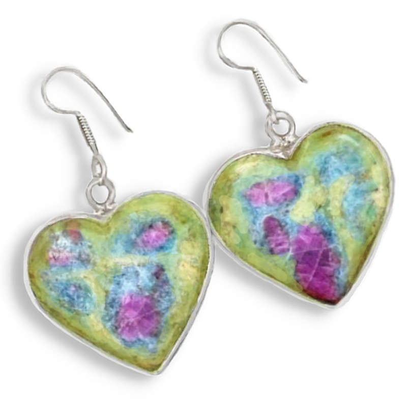 Natural Ruby In Fuchsite Heart Shape Gemstone set in Solid .925 Sterling Silver Earrings