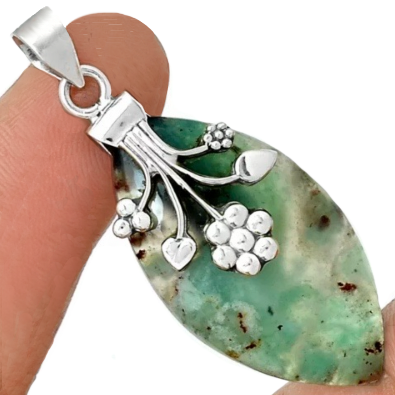 Scarce Natural Aquaprase Gemstone Pendant Set in Solid .925 Sterling Silver