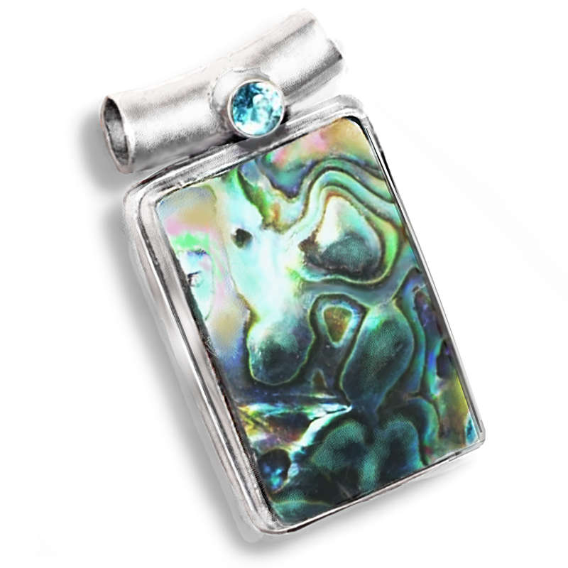 Natural New Zealand  Abalone and Blue Topaz Gemstone in 925 Sterling Silver Plated Handmade Pendant