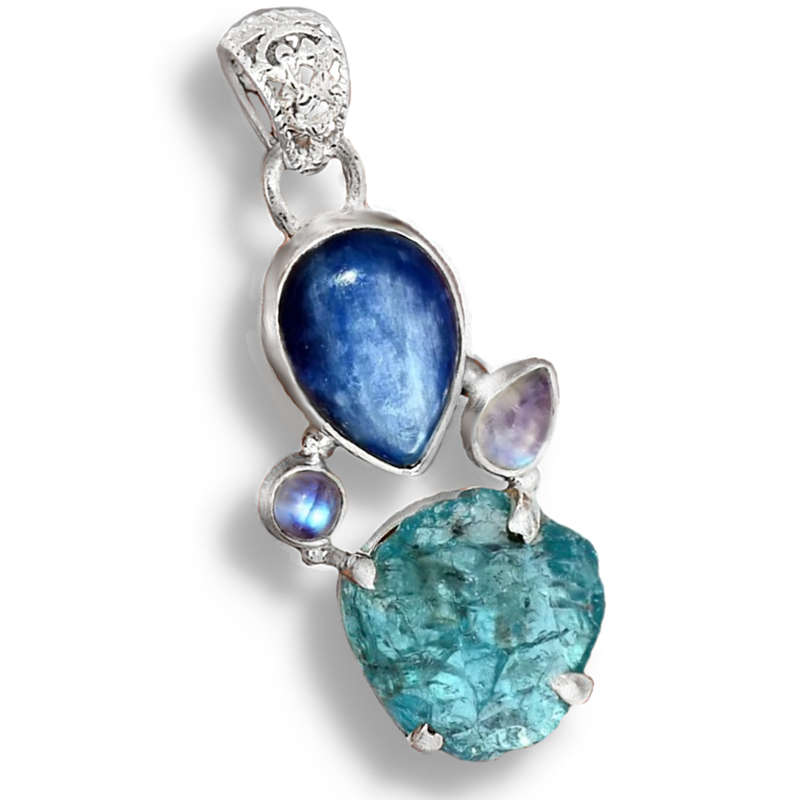 Natural Kyanite, Rainbow Moonstone, Neon Blue Apatite  Gemstone .925 Sterling Silver Kyanite Pendant