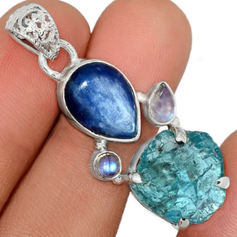 Natural Kyanite, Rainbow Moonstone, Neon Blue Apatite  Gemstone .925 Sterling Silver Kyanite Pendant