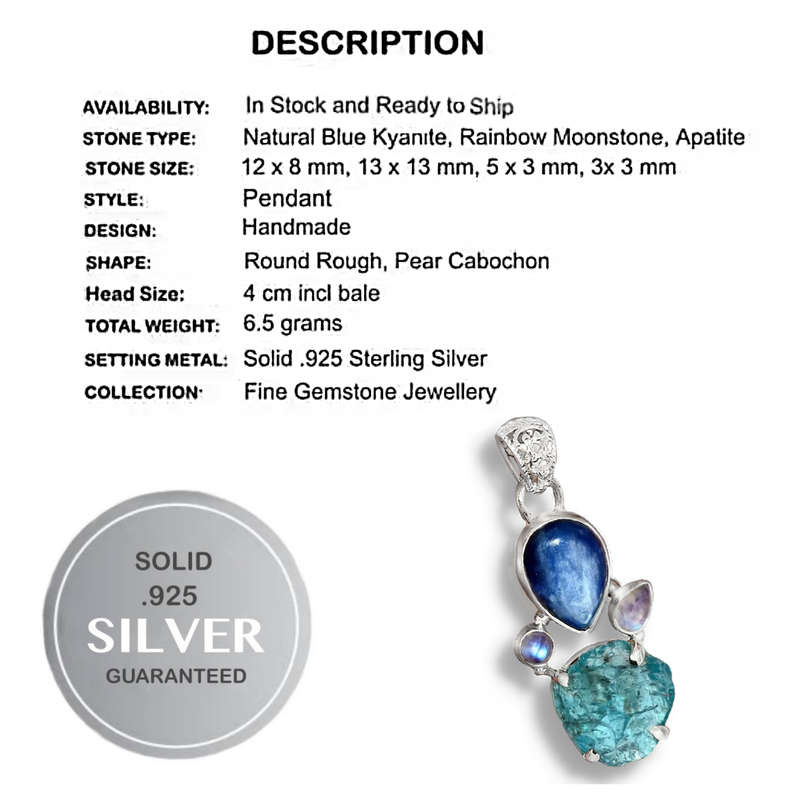 Natural Kyanite, Rainbow Moonstone, Neon Blue Apatite  Gemstone .925 Sterling Silver Kyanite Pendant