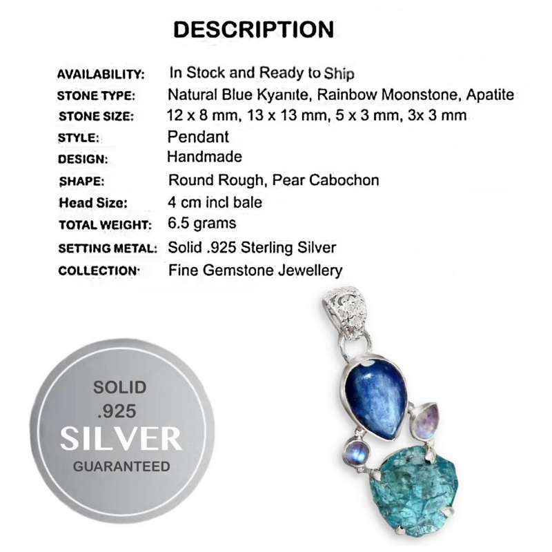 Natural Kyanite, Rainbow Moonstone, Neon Blue Apatite  Gemstone .925 Sterling Silver Kyanite Pendant