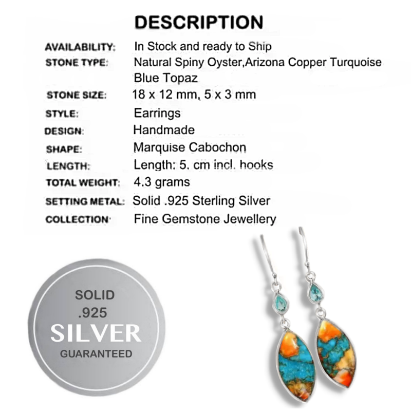 Natural Spiny Oyster Arizona Turquoise, Blue Topaz Solid .925 Sterling Silver Earrings