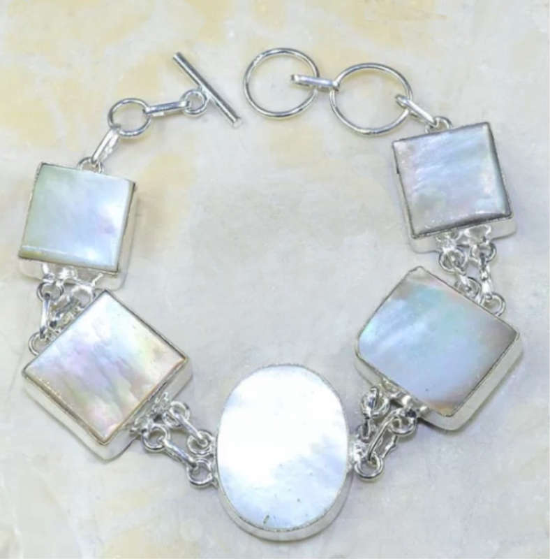 Natural Mother of Pearl set in .925 Sterling Silver Plated Handmade Elegant Bracelet