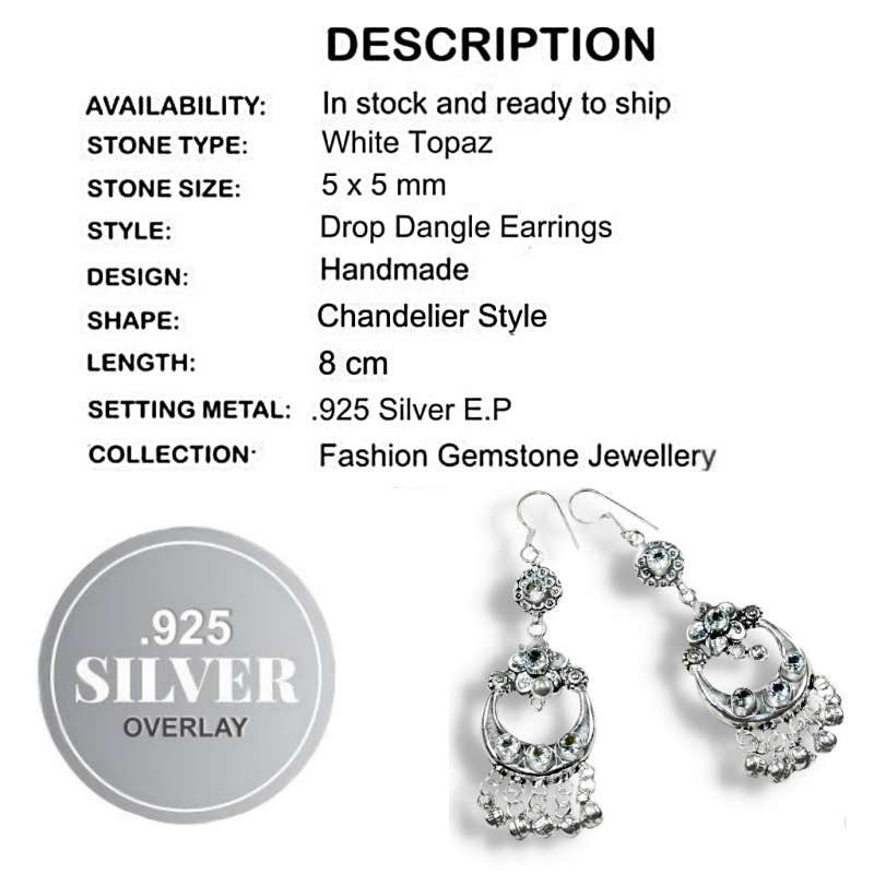 Nepali Exotic Sparkle White Topaz Gemstone .925 Sterling Silver Plated Chandelier Earrings