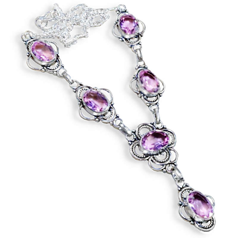 Handmade Pink Topaz Ovals set in .925 Sterling Silver Plated Antique Style Necklace