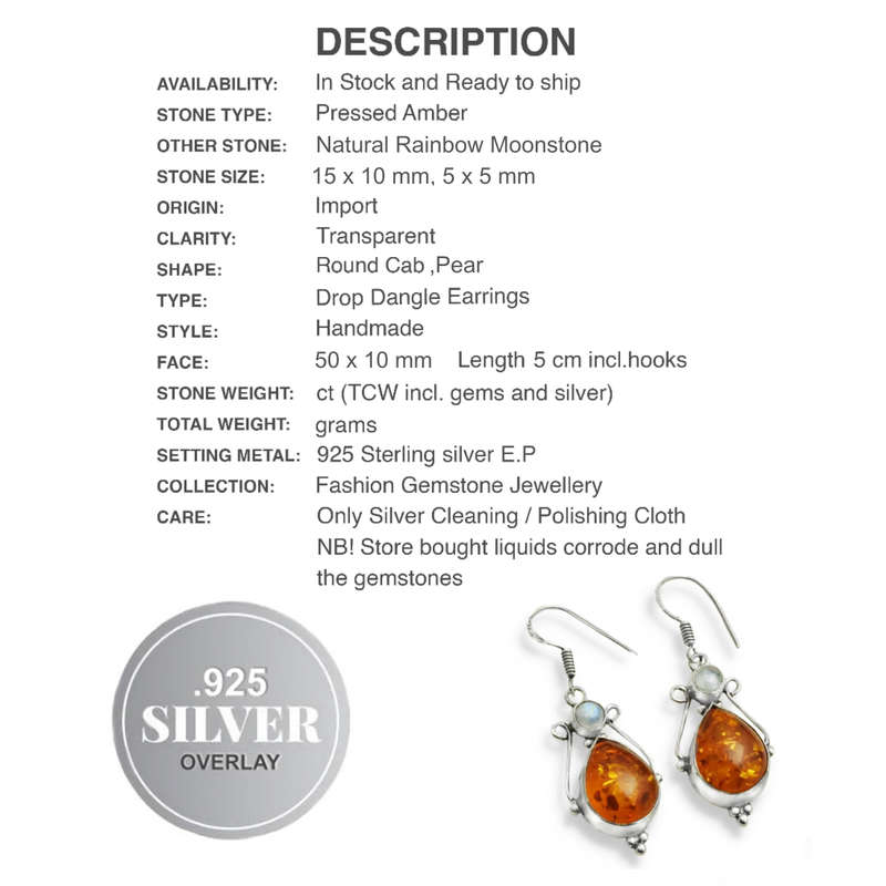 Pressed Amber and Rainbow Moonstone set In .925 Sterling Silver Plated Handmade Drop Dangle Earrings