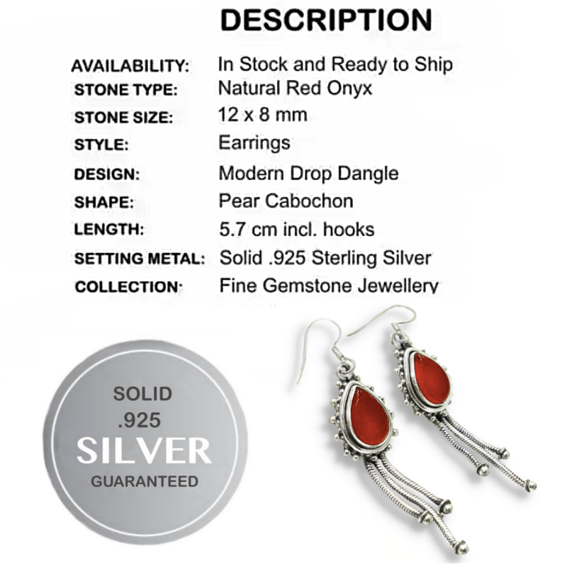 Natural Red Onyx set in Solid .925 Sterling Silver Handmade Trendy Earrings.