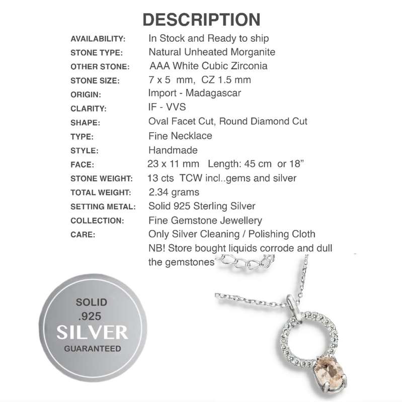 Deluxe Natural Unheated Morganite and White Cubic Zirconia Solid .925 Sterling Silver Necklace