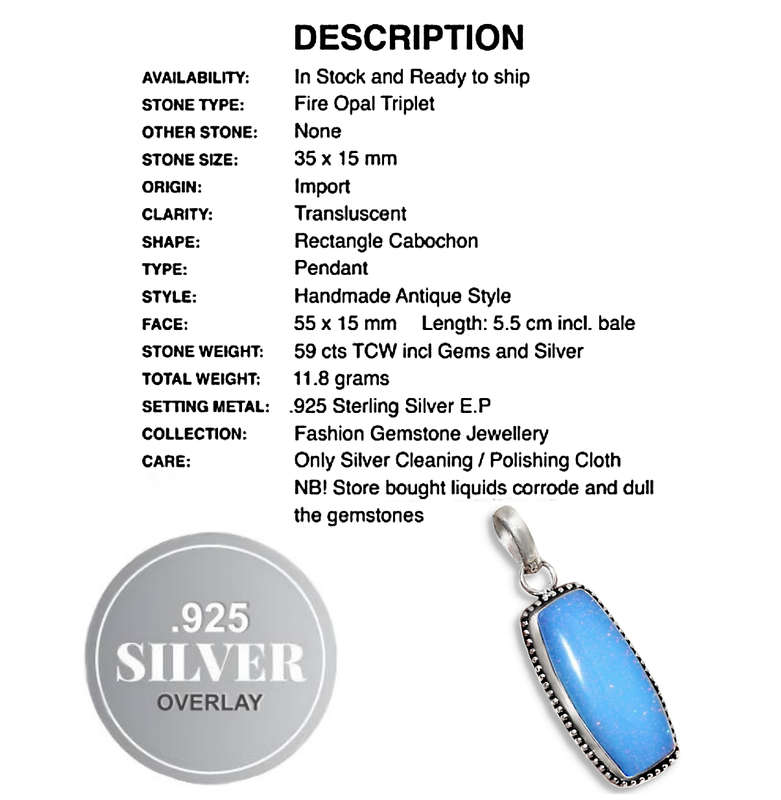 Fire Opal Triplet Geometric Gemstone set in  .925  Sterling Silver Plated Handmade Pendant