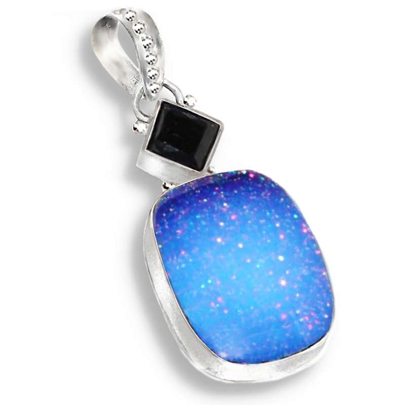 Natural Black Onyx and Fire Opal Triplet Gemstone set in 925 Sterling Silver Plated Handmade Pendant