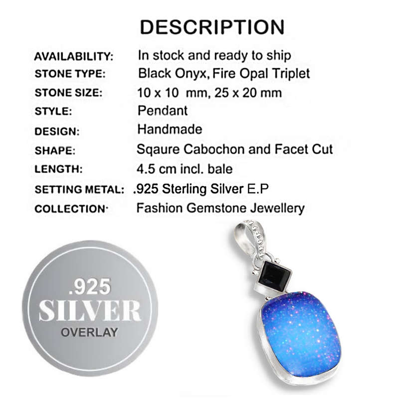 Natural Black Onyx and Fire Opal Triplet Gemstone set in 925 Sterling Silver Plated Handmade Pendant