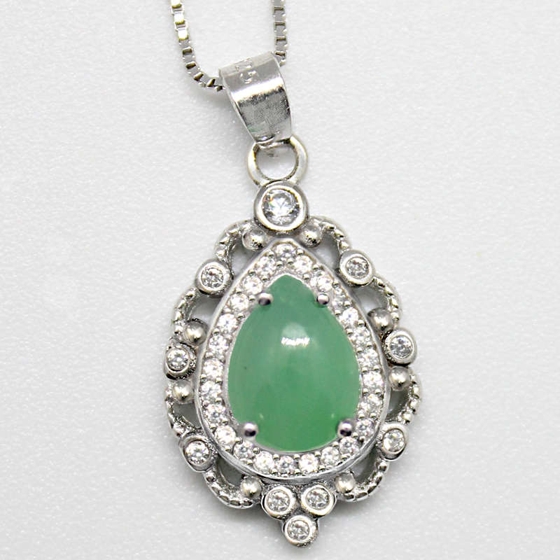 Natural Unheated Brazilian Chrysoprase & White CZ Gemstone in Solid. 925 Silver 14K White Gold Neckl