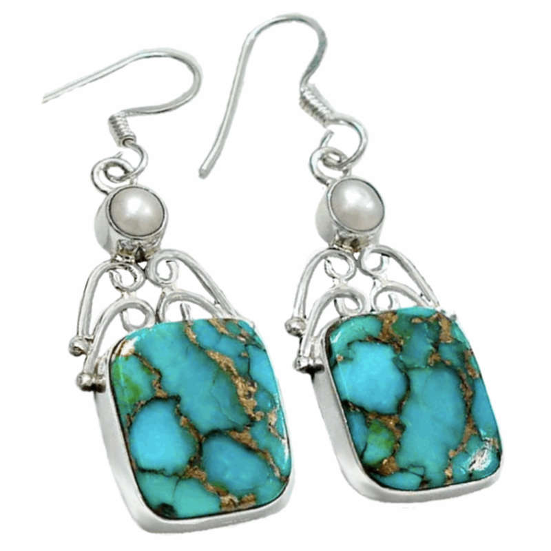 Indonesian Bali - Java Natural Copper Turquoise, White Pearl Gemstone .925 Sterling Silver Earrings