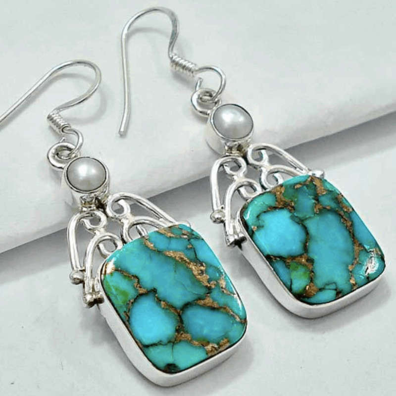 Indonesian Bali - Java Natural Copper Turquoise, White Pearl Gemstone .925 Sterling Silver Earrings