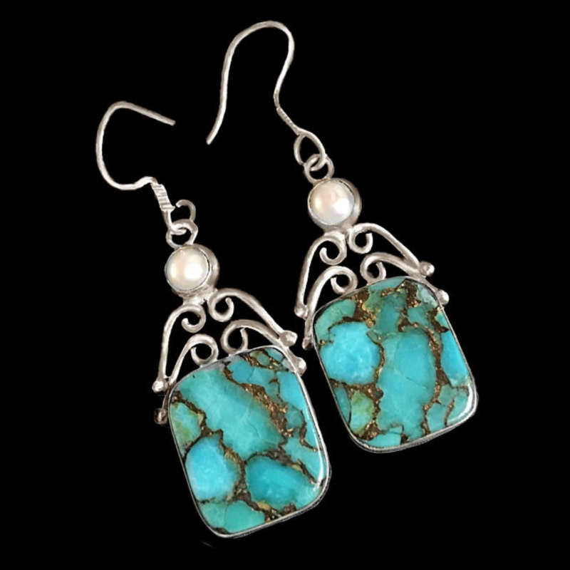 Indonesian Bali - Java Natural Copper Turquoise, White Pearl Gemstone .925 Sterling Silver Earrings
