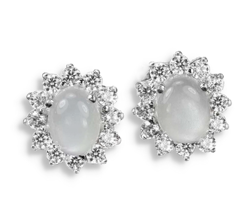 Natural White Moonstone, White Cubic Zirconia Gemstone in Solid .925 Silver 14K White Gold Earrings