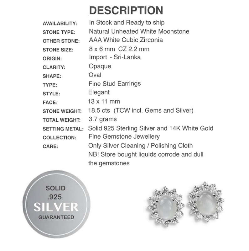 Natural White Moonstone, White Cubic Zirconia Gemstone in Solid .925 Silver 14K White Gold Earrings
