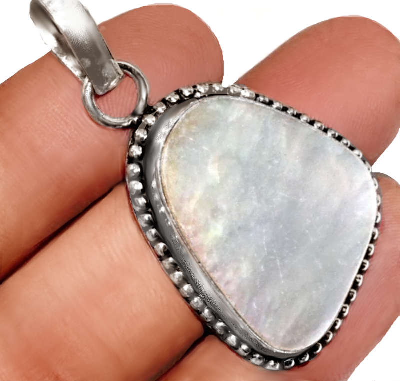 Natural Creamy Mother of Pearl set in .925 Sterling Silver Plated Antique Style Pendant
