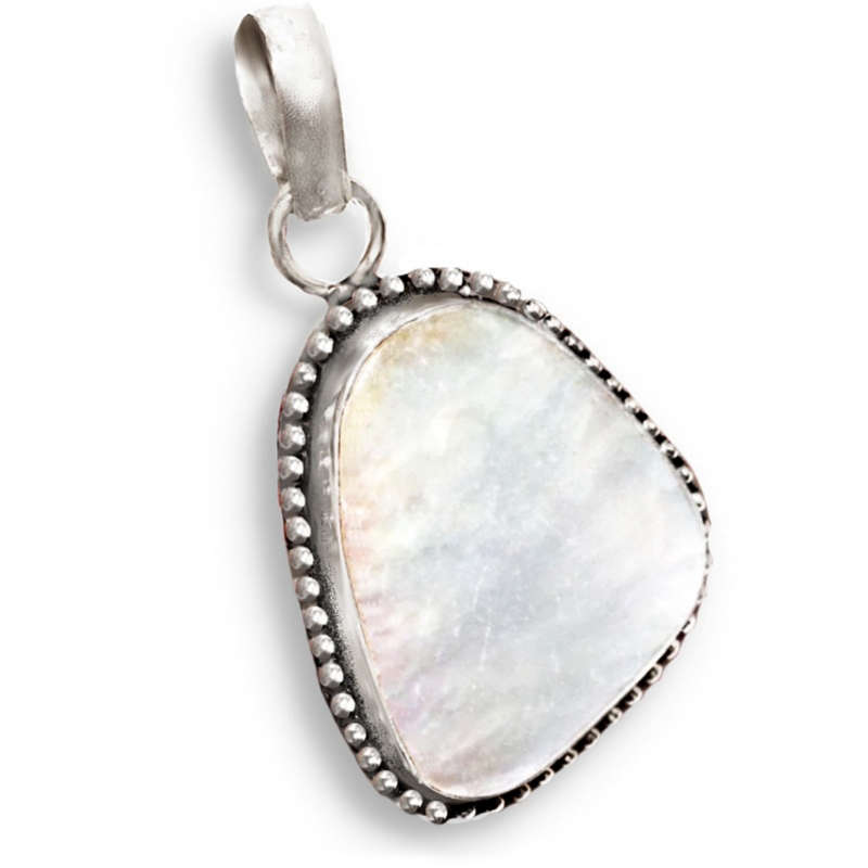 Natural Creamy Mother of Pearl set in .925 Sterling Silver Plated Antique Style Pendant