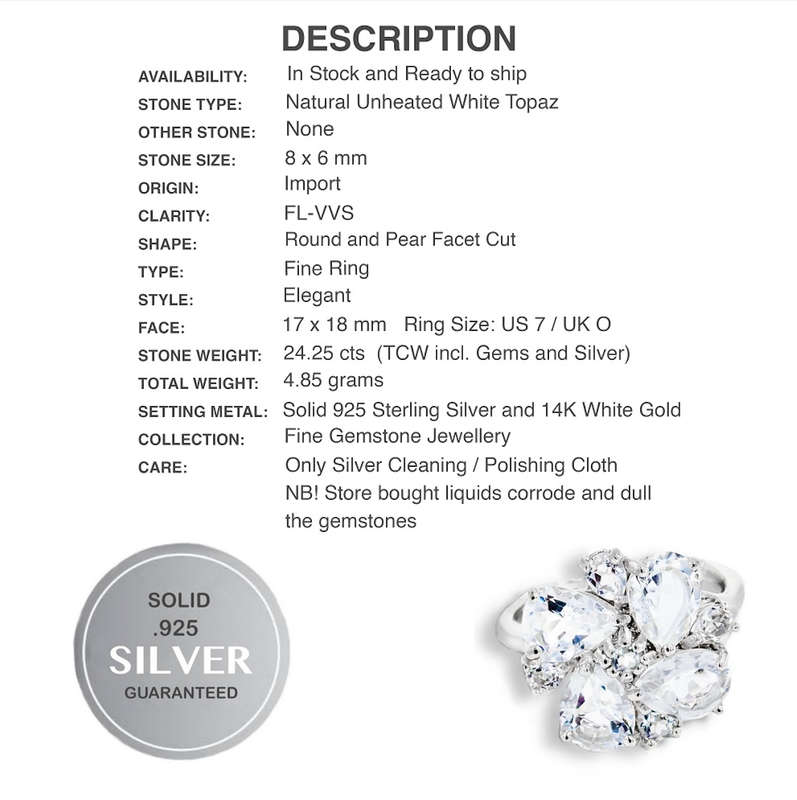 Natural White Topaz Mixed Shapes set in Solid 925 Sterling Silver 14K W_Gold Ring US 7 / O