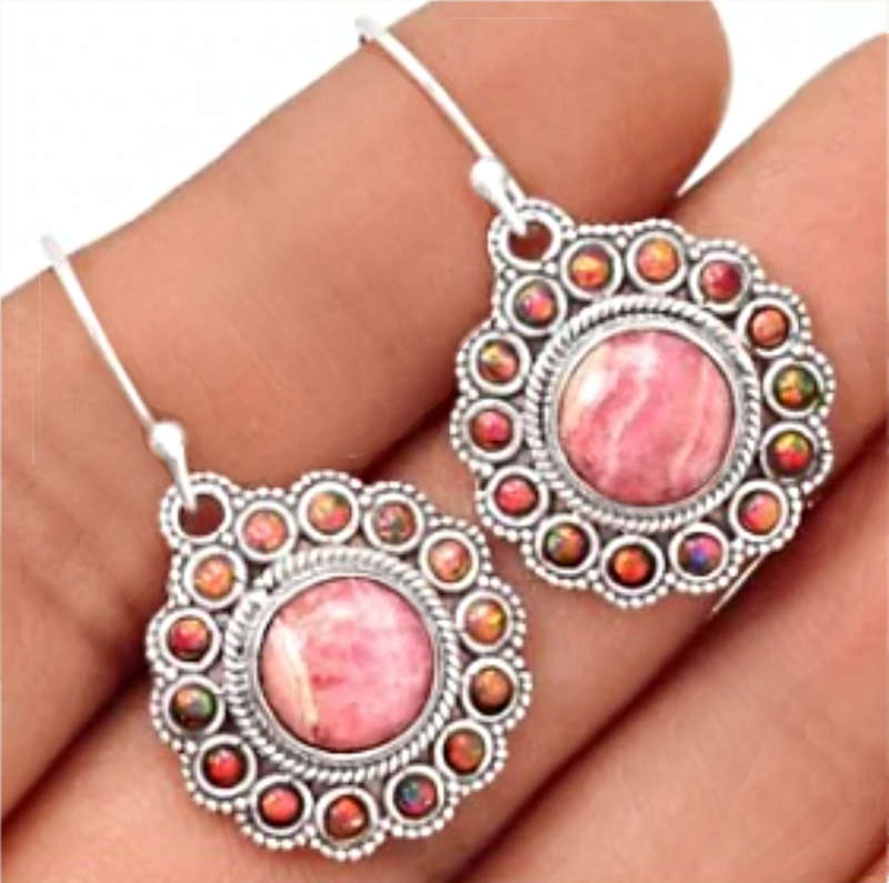 Natural Rhodochrosite, Fire Opal  Round Gemstones set in Solid .925 Sterling Silver Earrings